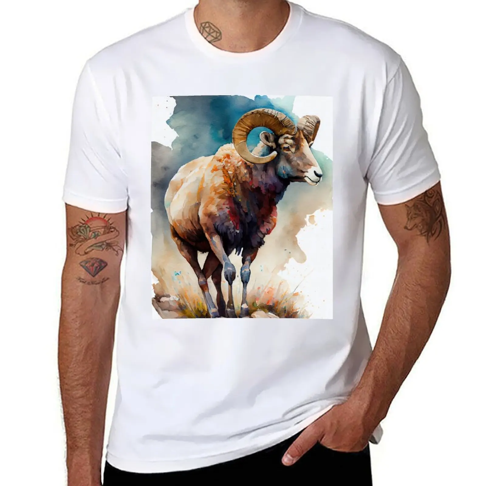

American Bighorn sheep - Watercolor paint T-Shirt t shirt for man t shirts for man pack cotton man t shirt luxury T-shirt