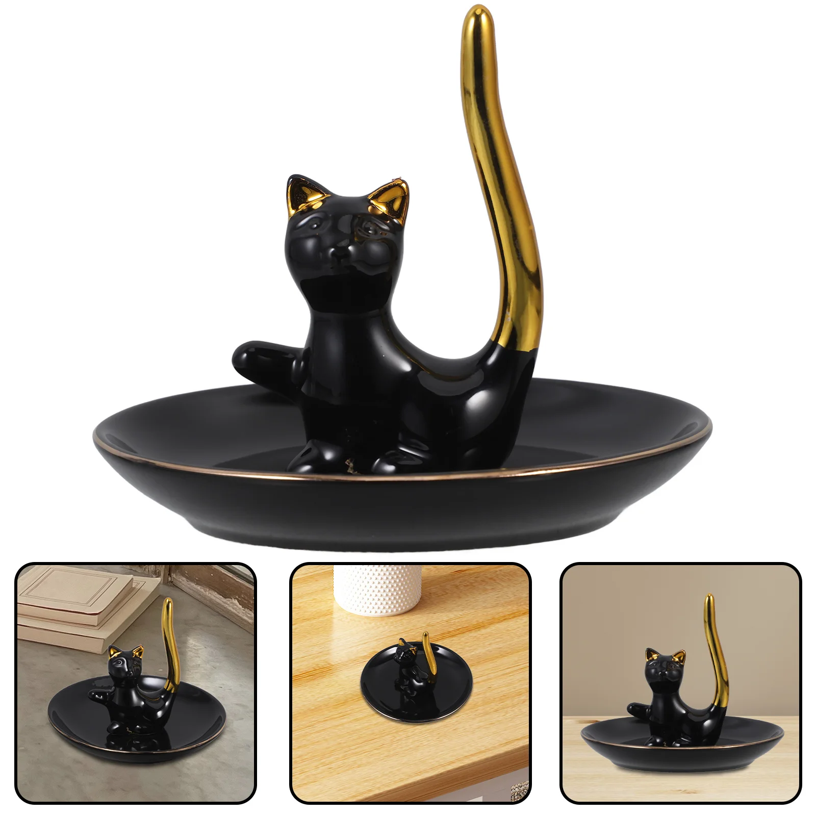 Ceramic Jewelry Tray Cute Cat Statue Elegant Jewelry Display Plate Trinket Organizer for Home Desk Storage Trinket Dish