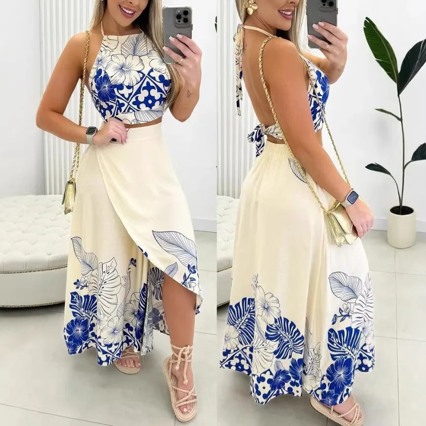 

STYLISH LADY Blue Floral Halter Neck Backless Skirt Set 2026 Summer Women Sleeveless Crop Top And High Waist Maxi Skirt Y2K