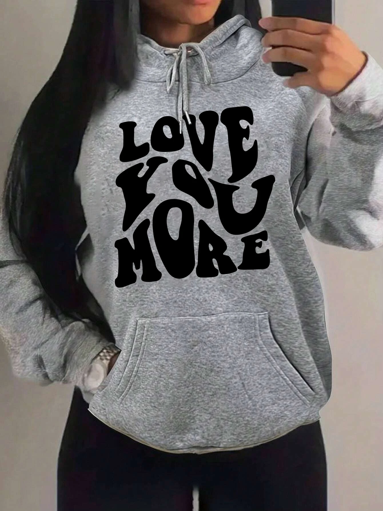 

Женская толстовка с принтом «Love You More», креативный худи с карманами, свободный крой, осенняя, универсальная, флисовая, спортивная одежда
