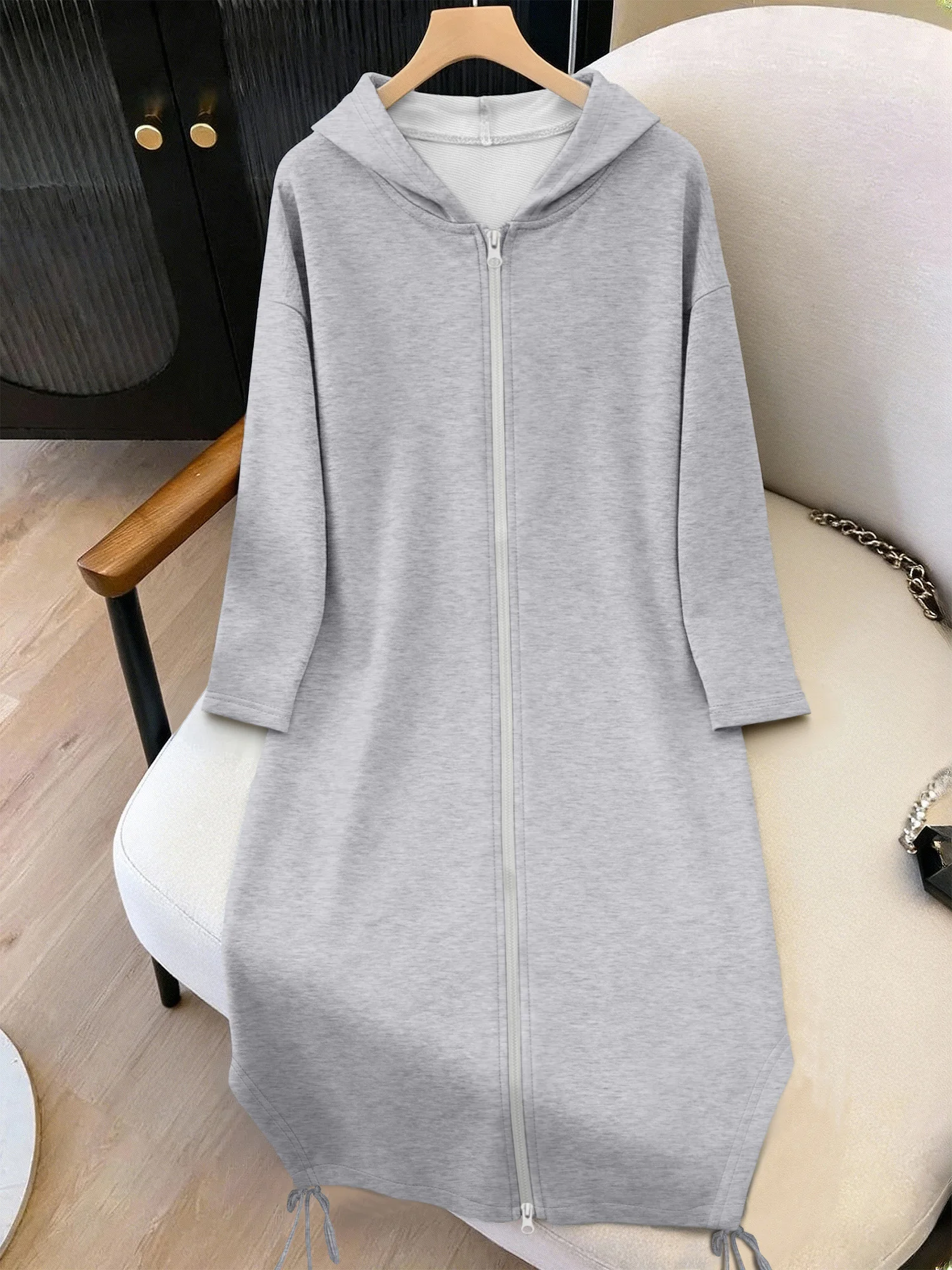 European Ladies Long Hooded Sweatshirt Cardigan Oversized Full Zipper Drawstring Hem Solid Color Street Fashion Outercoat