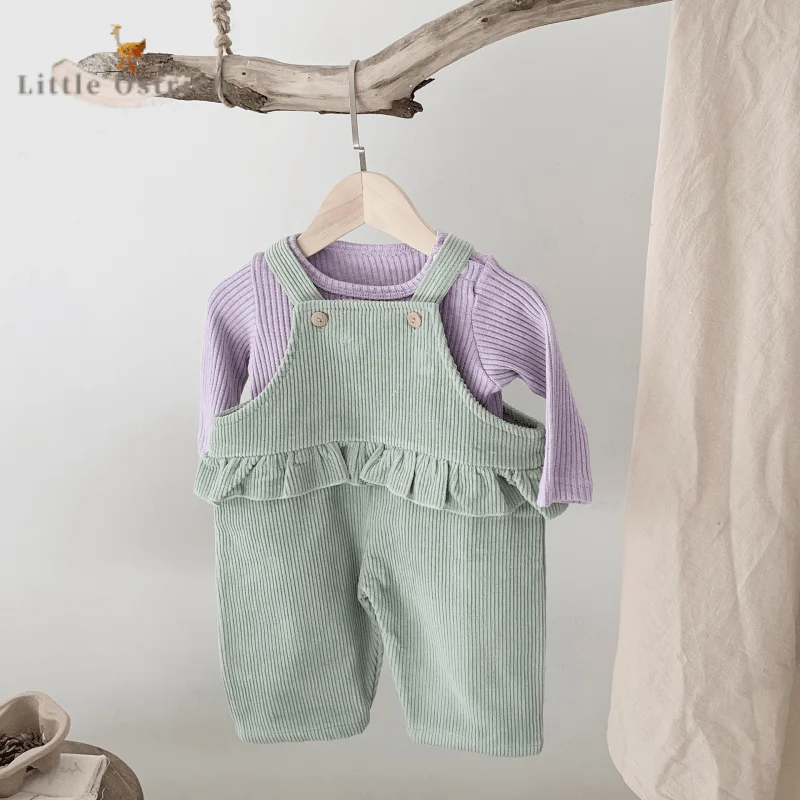 

Baby Girl Boy Cotton Clothes set Pullover-Corduroy Suspender Pants Infant Toddler Solid Tops Ruffle Trousers Baby Clothes 3M-18M