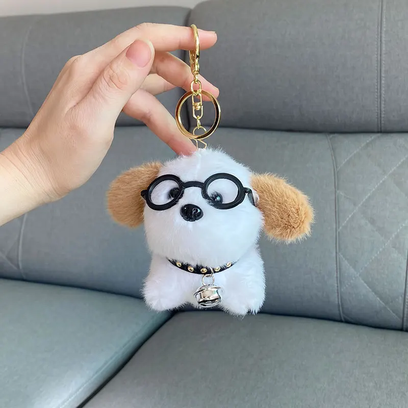 Urocze breloczki do kluczy z pieskiem w okularach, pluszowe ozdoby, kreskówkowy dzwoneczek, breloczek z szczeniakiem, breloczek do torby, zabawki dla dziewczynek, prezenty świąteczne.