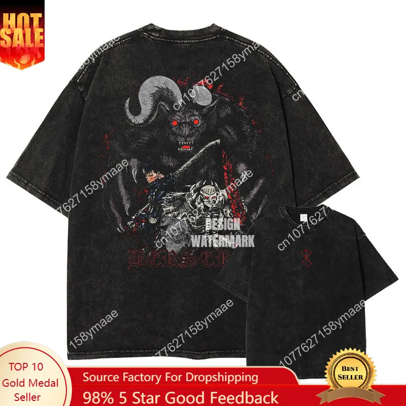 

Anime Kenpuu Denki Berserk T-shirt Oversized Vintage Washed Guts T Shirt Summer Short Sleeve Manga Griffith Casca Tops Tees Men
