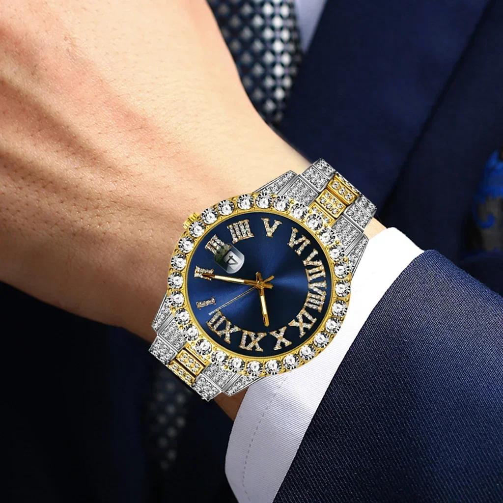 Horloge Mannen Luxe Merk Volledige Diamond Heren Horloges AAA CZ Quartz Heren Horloge Waterdicht Hip Hop Mannelijke Klok Cadeau voor Mannen