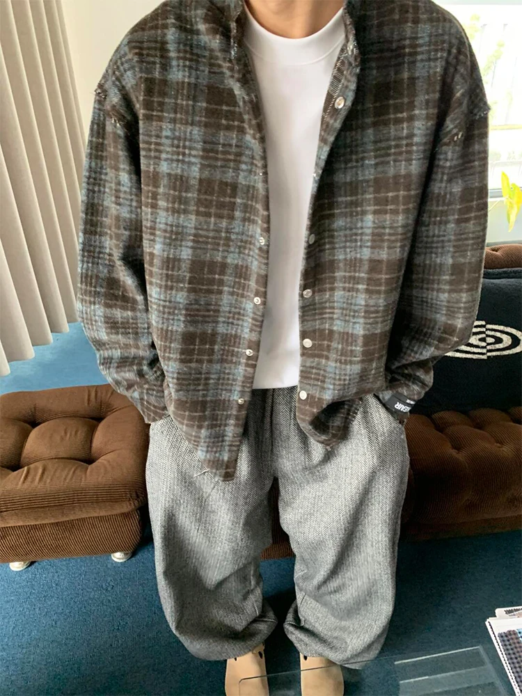 

Retro American Plaid Long Sve Men's irt Autumn Winter Trendy Heavyweight Woolen Coat Cleanfit Loose Fit Youth Faion