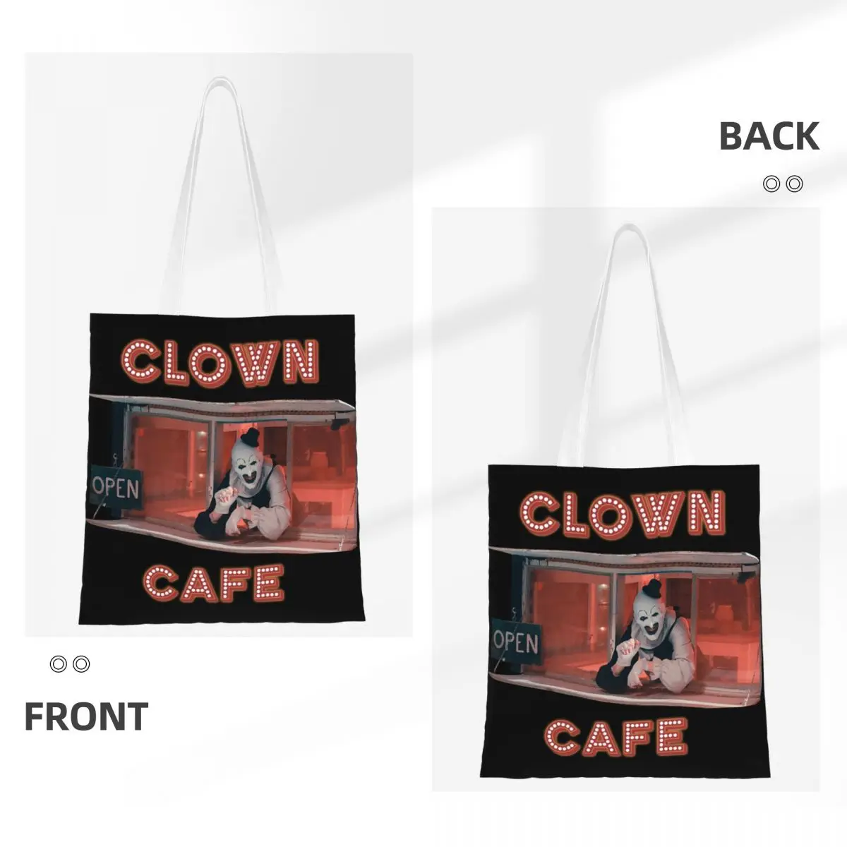 Custom Terrifier Clown Cafe Shopping Canvas Bags Women Recycling Grocery Tote Shopper Bags