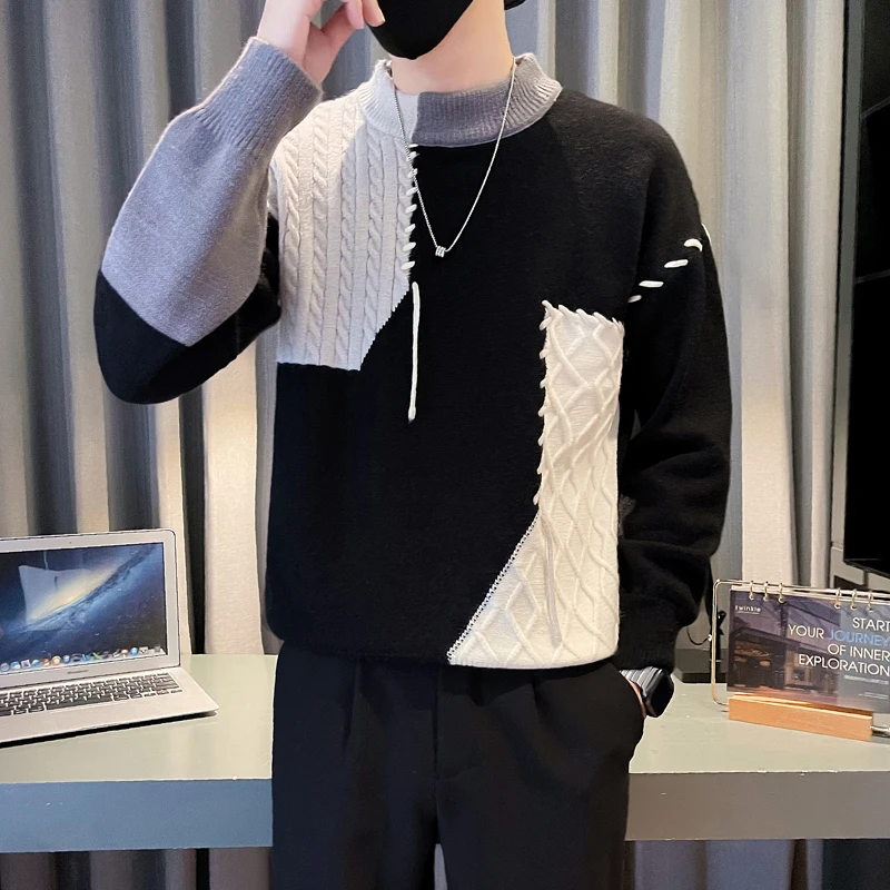 الخريف الشتاء تقسم سترة الرجال سليم صالح نصف عالية الرقبة طويلة الأكمام محبوك البلوزات الأعمال عادية تريكو قاعدة قميص #4