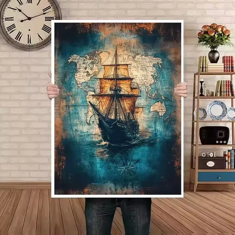 خمر بحري المشارك يطبع العتيقة البحر الكنز خريطة حائط لوح رسم صورة فنية لغرفة المعيشة ديكور المنزل الرجعية #5