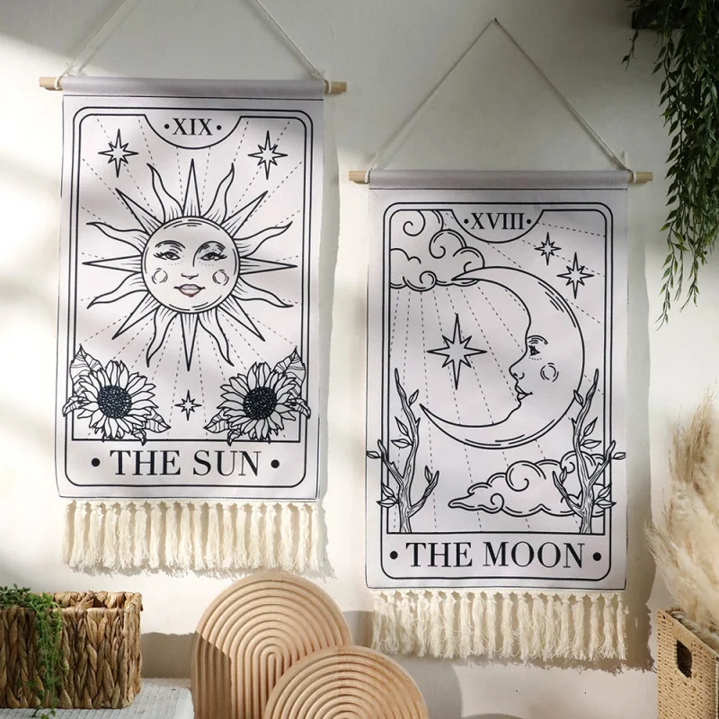 

Tassel Tapestry Hand-Woven Sun and Moon Printed Decorative Hanging Cloth Simple Studio Bedroom Living Room Background Wall Cloth