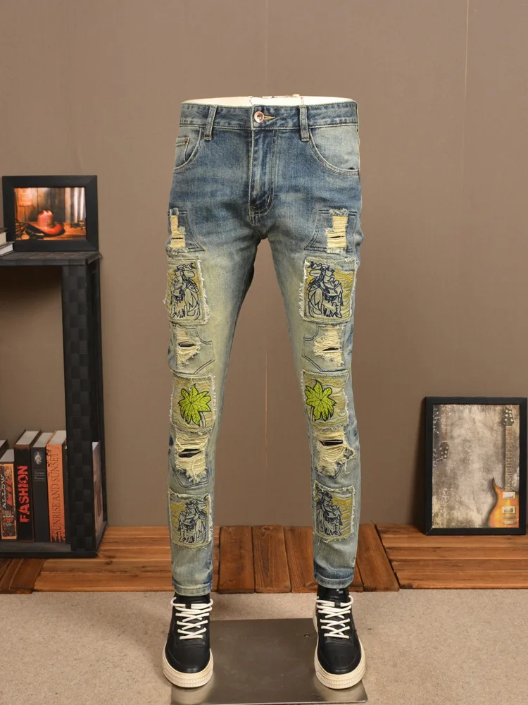 Retro Make Old Ripped Jeans Men's Pu Handsome Stretch Slim Fit High-End Embroidery Scrape Patch Style Motorcycle Trousers