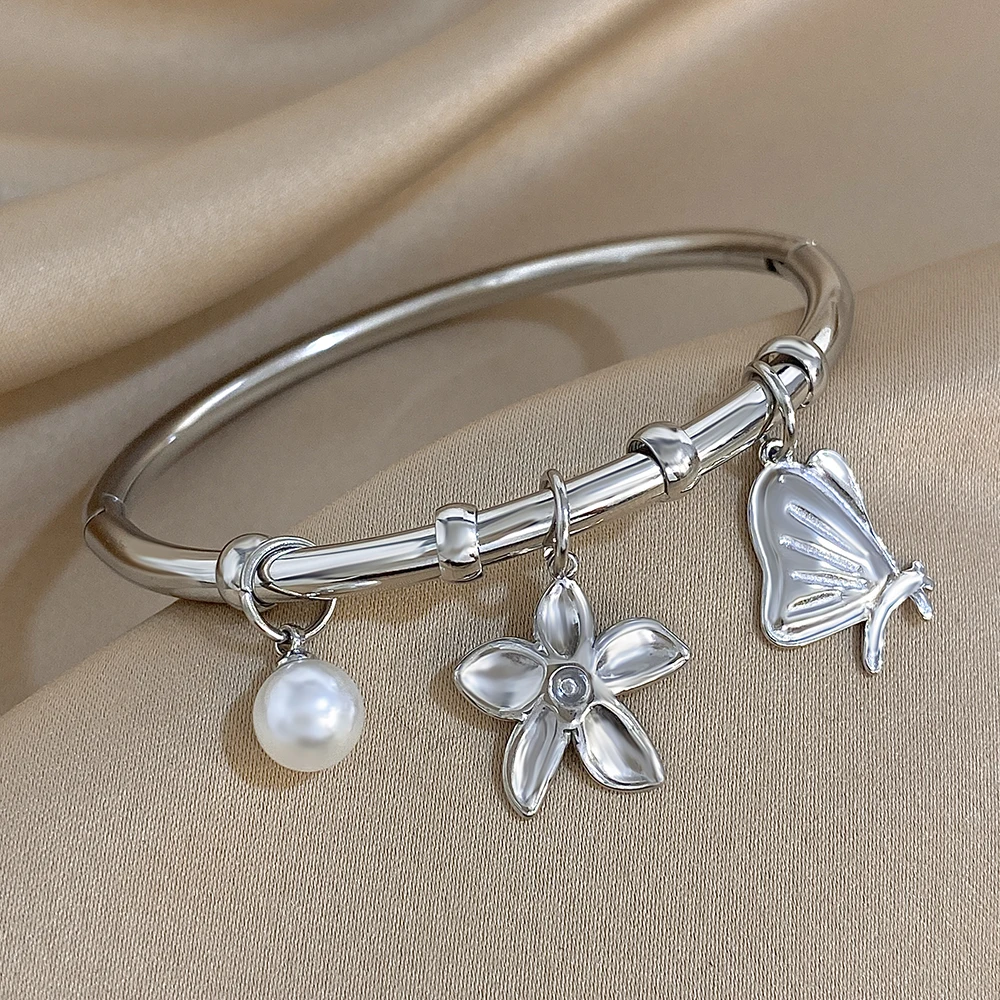Greatera Flower Pearl Butterfly Pendant Bracelet For Women Charm Colorfast Diameter 60mm Design Stainless Steel Bangle Jewelry