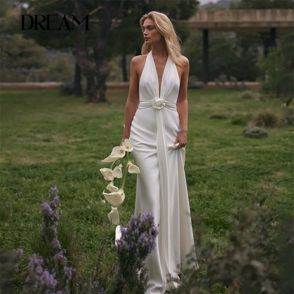 

DREAM V-Neck Pleat Mermaid Wedding Dress Women 2025 Flower Open Back Halter Sweep Train Bridal Gown Vestidos De Novia Customized
