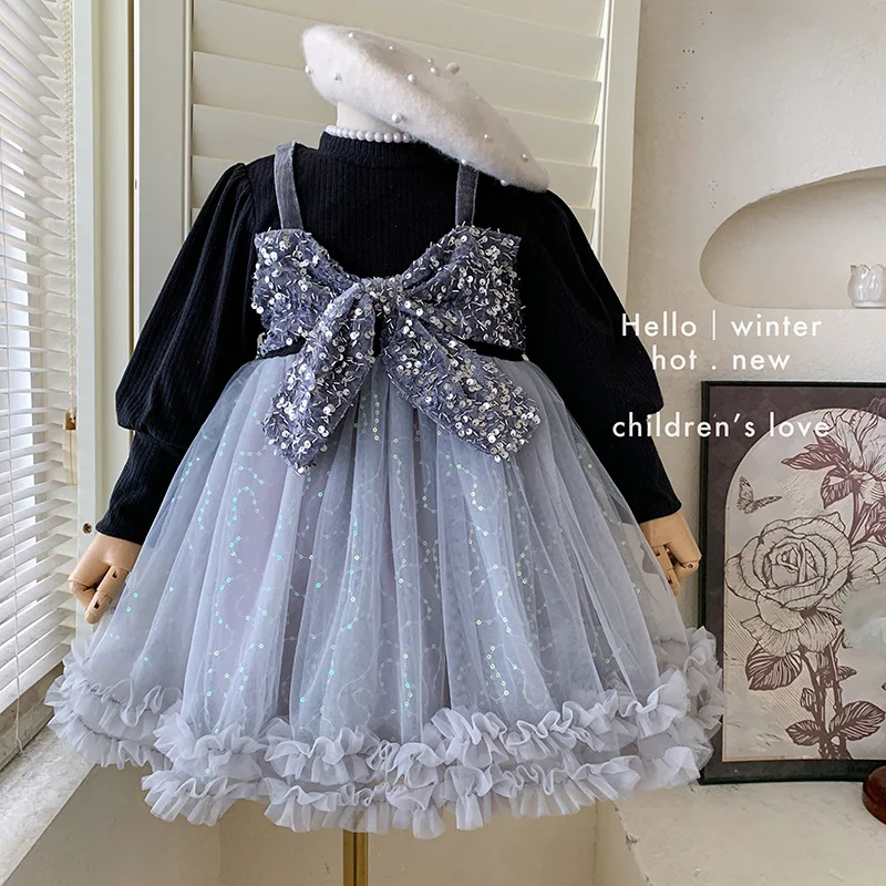 Girls' Dress Autumn Winter Bowknot Mesh Princess Dress High-end Feel Thickened Sleeves Fleece Lined Puffy Dress