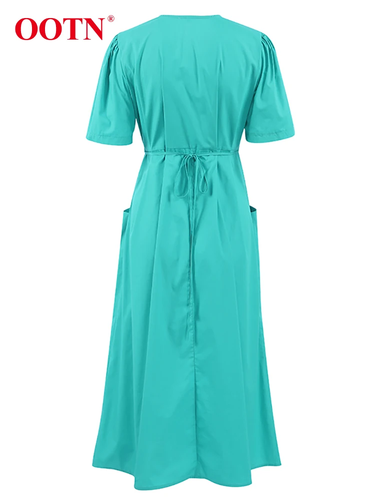 Ootn Elegante V-Hals Groene Jurk Vrouwen Zomer Sexy Korte Mouw A-Lijn Jurken Katoen Casual Geplooide Slanke Midi Jurk 2023 Blauw