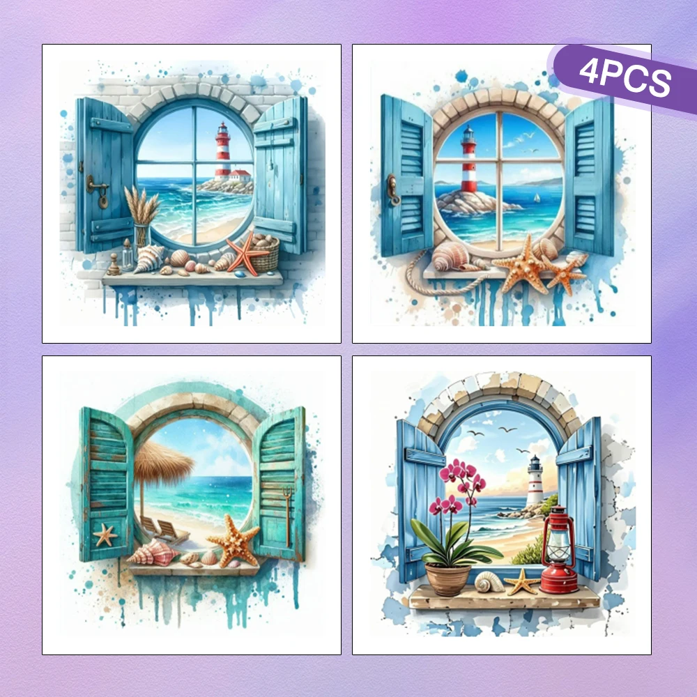 HUACAN 4PCS Diy Diamant Mosaik Fenster Landschaft Diamant Malerei Kits Meer Landschaft Leuchtturm Wand Dekor Volle Runde Bohrer