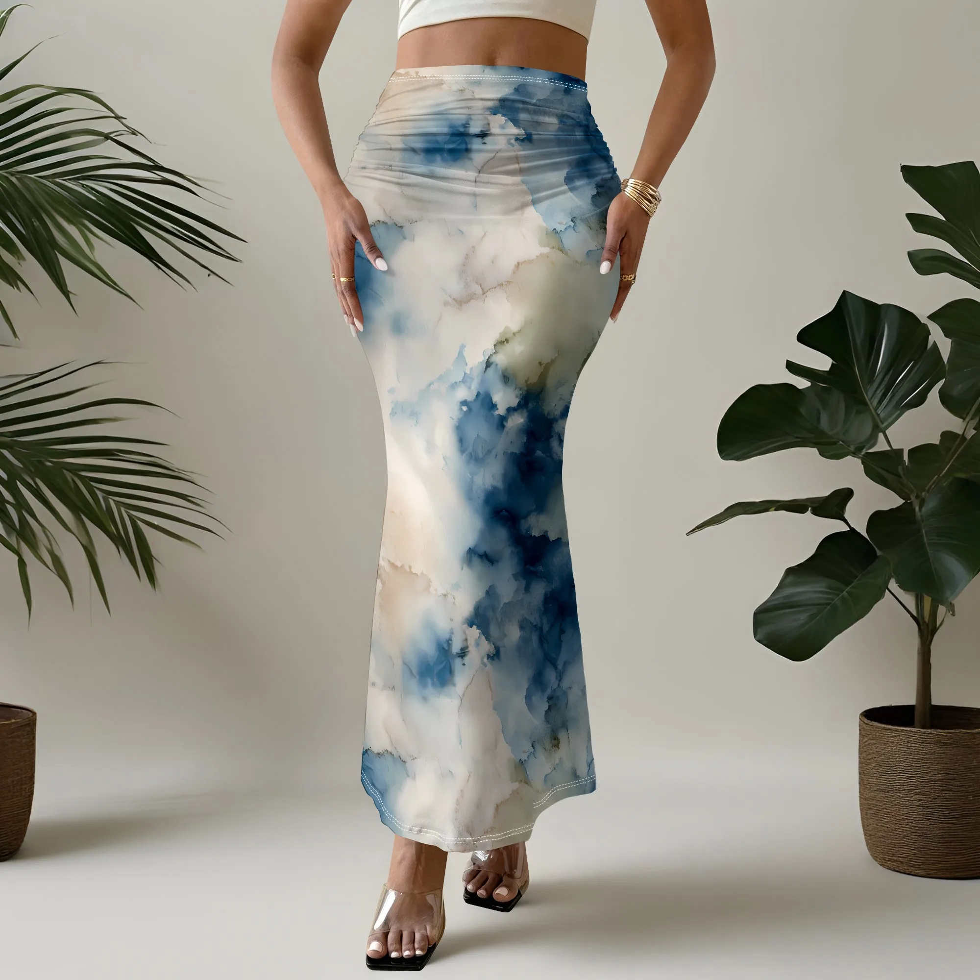 Watercolor Print Midi Skirt, Blue Cloud Pattern A-Line Skirt, Artistic Tie-Dye Style Skirt, Beach Vacation Wear, S-3XL