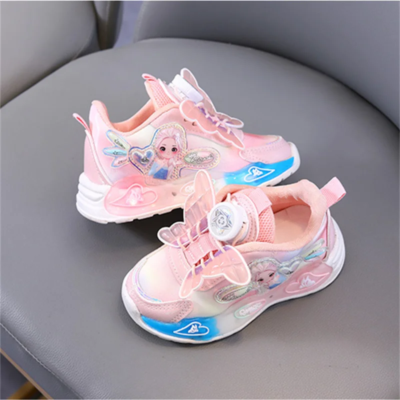 Disney LED Casual Sneakers Spring Girls Frozen Elsa Princess Bowknot Leather Shoes Children Lighted Non-slip Purple Size 21-30