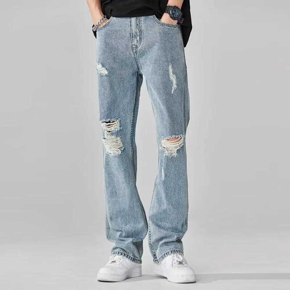 Invisible ouvert entrejambe sexe en plein air mâle jean pantalon nouvel été déchiré jean cylindre droit bébé bleu exoticisme décontracté Denim