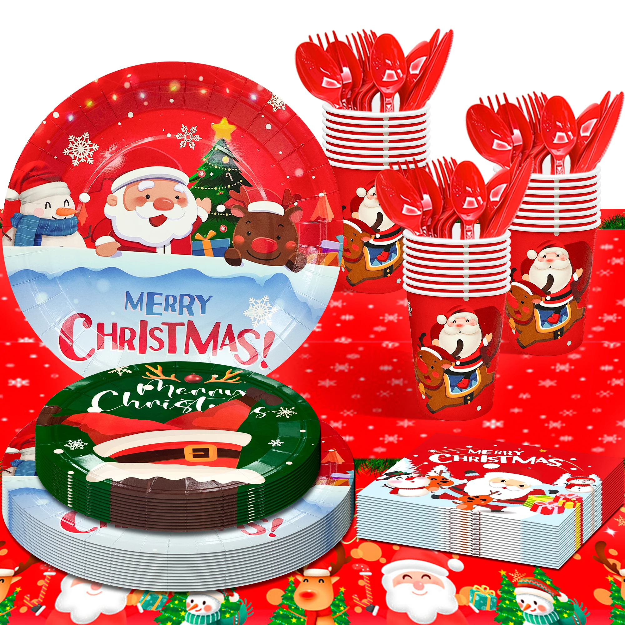 Christmas Party Tableware,113pcs Christmas Paper Party Tableware Set - Christmas Plates,Christmas Paper Cups Table Cloth Napkins