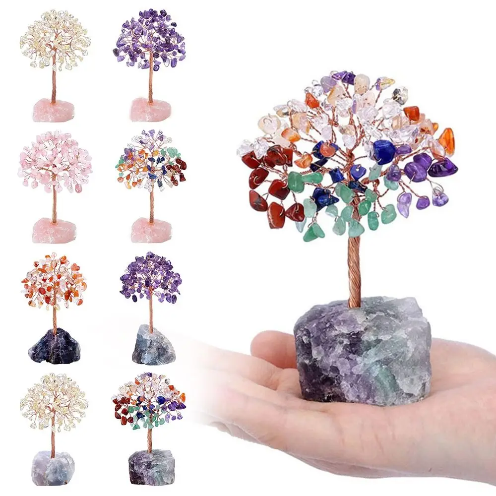 Color Crystal Money Tree Copper Wire Wrapped Agate Fluorite Base Potted Plants Stone Crafts Gemstone Reiki Chakra Feng Shui Tree