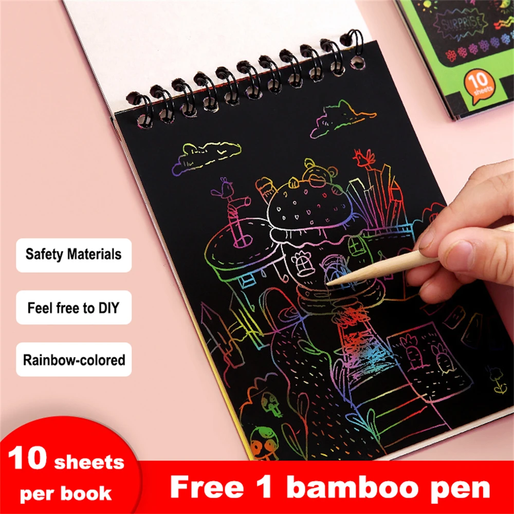 Cuadernos de arte arcoíris para rascar para niños, cuaderno de papel para rascar, bloc de dibujo para garabatos negro con pinturas, Kit de manualidades, 10 páginas