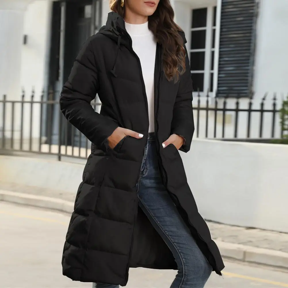 Women Down Coat Long Style Women\'s Winter Down Coat with Thick Padding Hooded Neck Drawstring Zipper Closure Solid