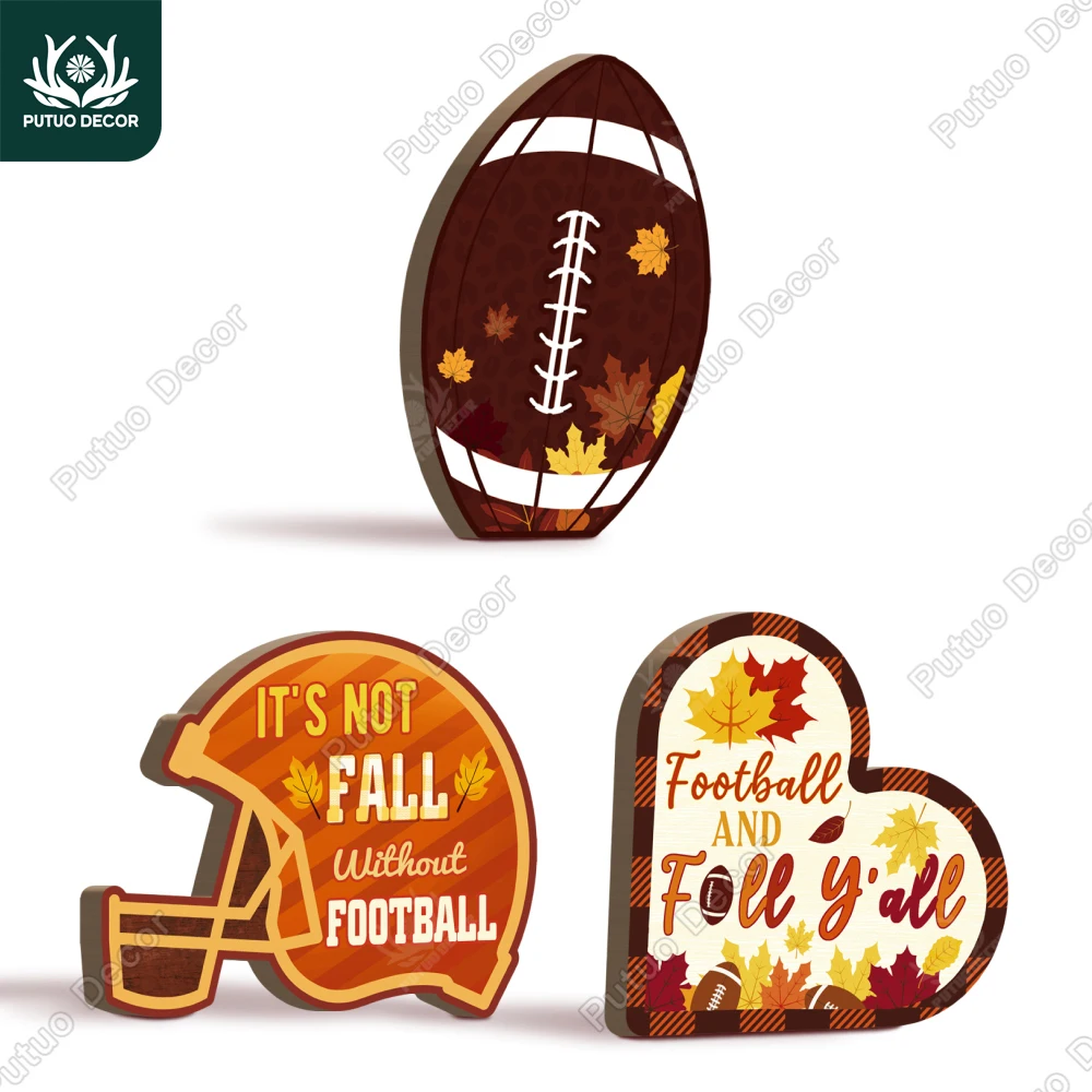 

Putuo Decor 3pc Wooden Table Decoration for Home Office and Living Room, Football, Heart, Autumn Gift for Friends