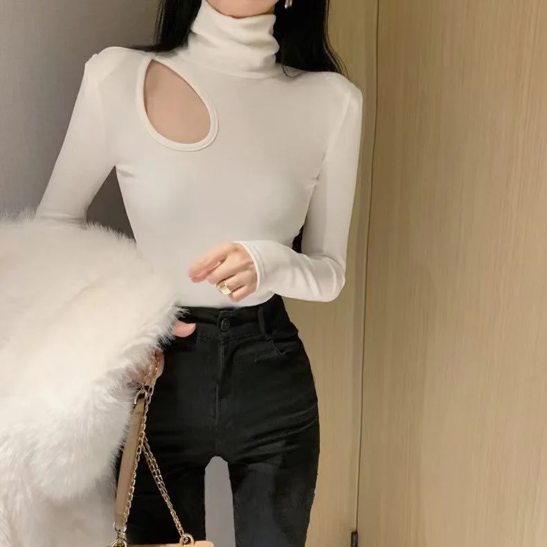 Quente fce forrado gola alta oco design fino ajuste oulder pad camiseta feminina coreano sle commute algodão longo sve