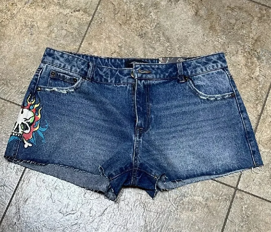 Celana pendek Y2K Harajuku wanita, celana pendek Denim biru Retro motif grafis huruf Hip Hop Gotik, rok pendek Mini ramping pinggang tinggi modis