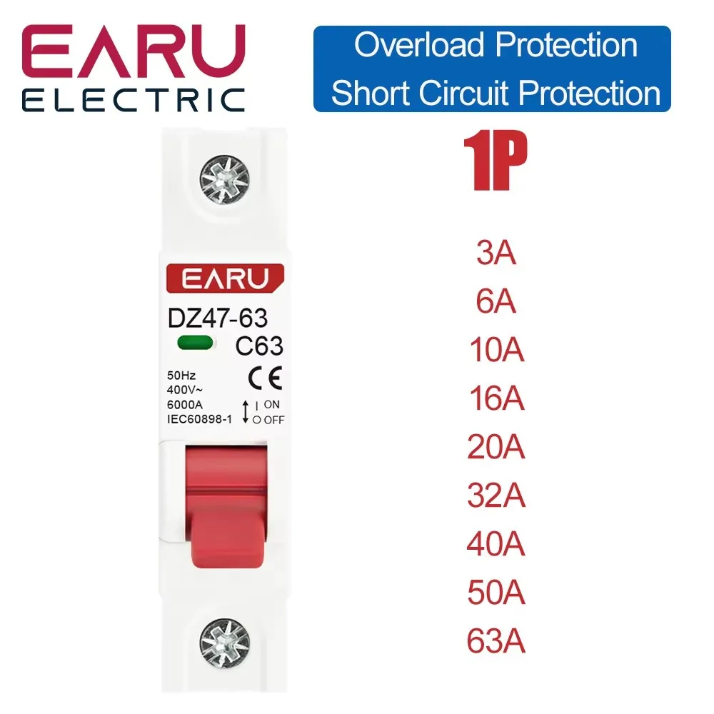 1P DZ47-63 3A 6A 10A 16A 20A 25A 32A 40A 50A 63A AC 230V 400V Защитный выключатель от перегрузки MCB Min Автоматический выключатель