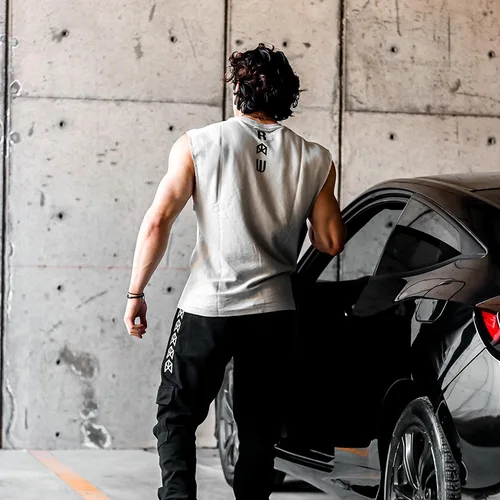 Imagen 2 del producto Camisetas sin mangas de algodón para hombre, camiseta sin mangas para el sudor, deportes musculares, gimnasio, Fitness, entrenamiento, chaleco con cuello redondo, ropa informal