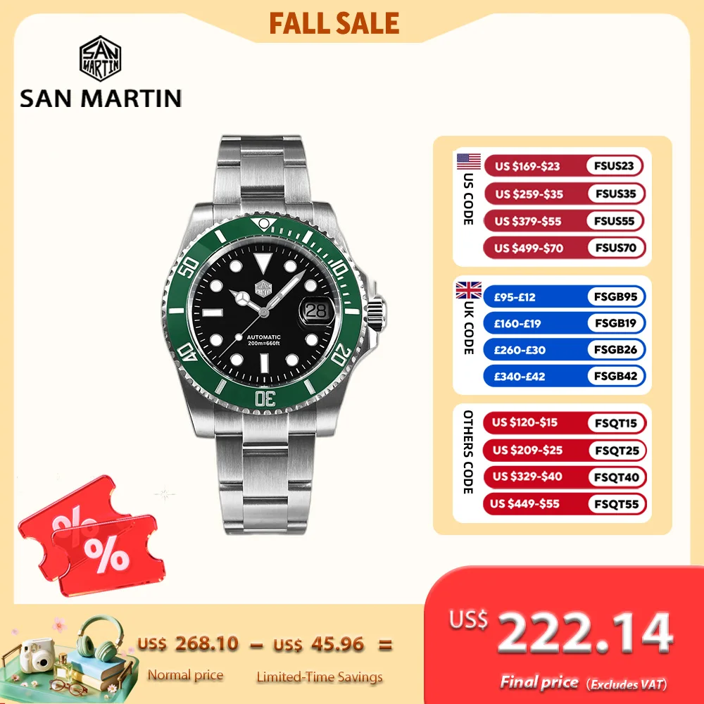San Martin 40mm Water Ghost PT5000 Automatic Men Diving Watch Business Mechanical Sapphire Waterproof 20Bar Luxury BGW-9 SN0017D