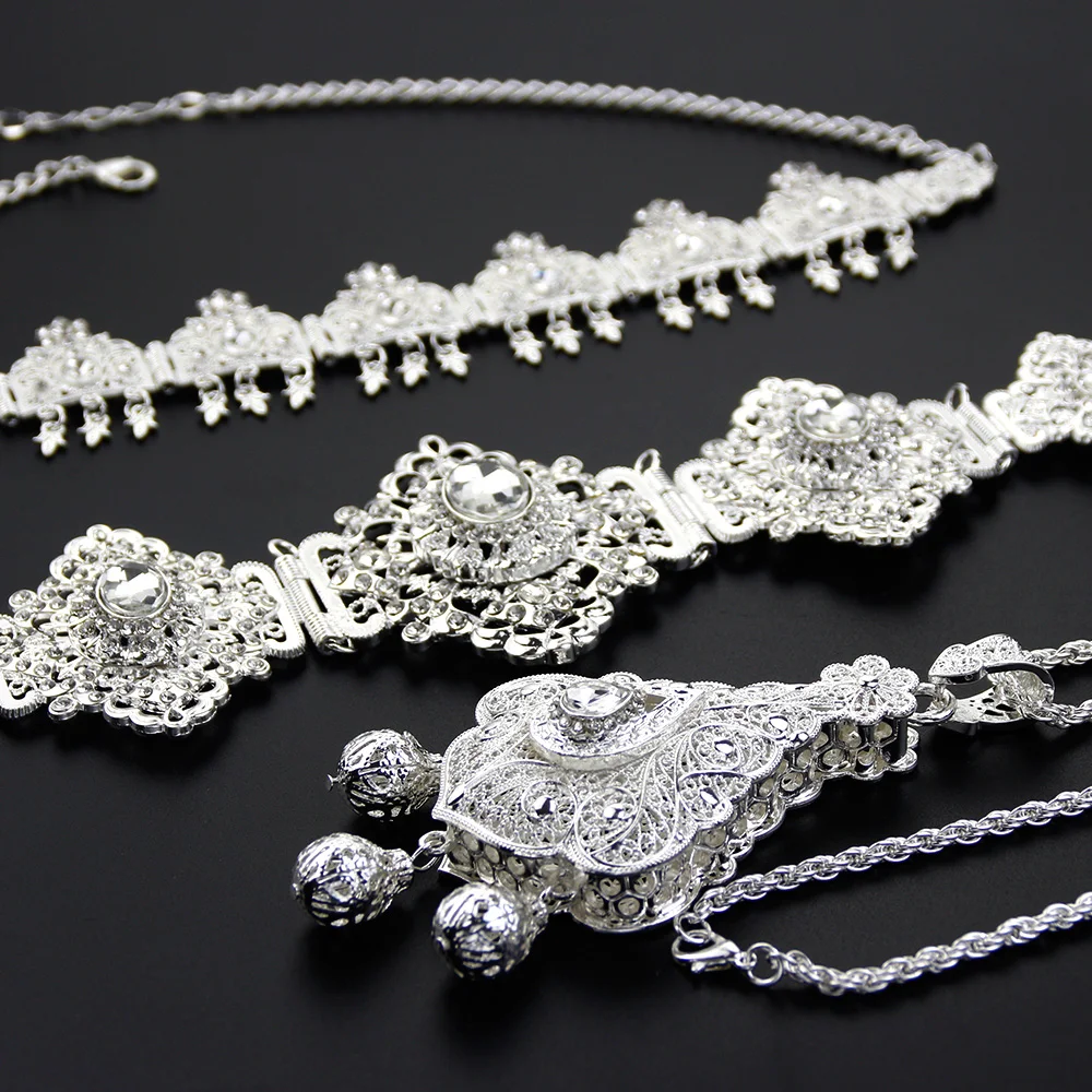 Neovisson Unique Silver Color Jewelry Sets Morocco  Crystal Belt Necklace Hair Chain Arabic Wedding Jewelry Ladies Favorite Gift