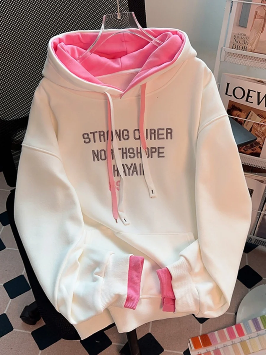 

Women's Hoodie Pink White Long Sleeves Letter Printed Patchwork Hooded Pullover Autumn Winter Thick Plush Loose Top Jacket