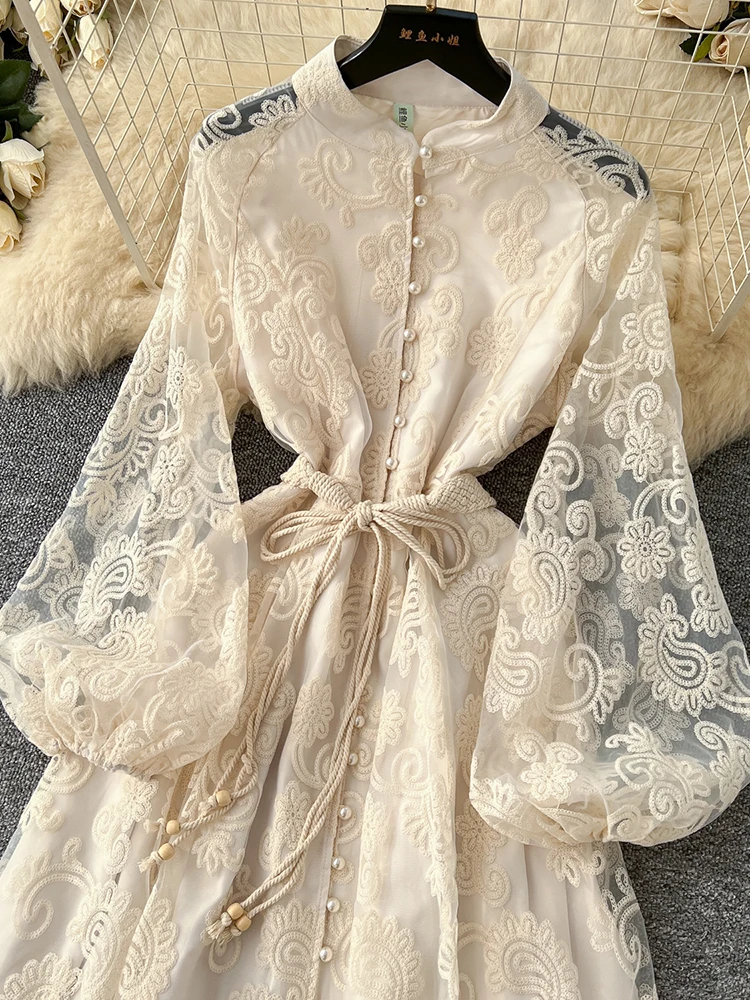 봄 여름 유럽 미국 스탠드 칼라 싱글 브레스트 레이스 드레스 여성 우아한 자수 대형 스윙 롱 드레스 C205