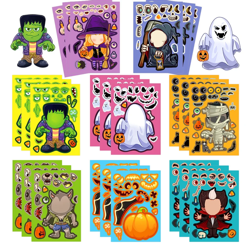 Rompecabezas de Halloween para niños, juego educativo de 8 hojas para hacer una cara, pegatina de juguete DIY, calabaza, fantasma, ensamblar,