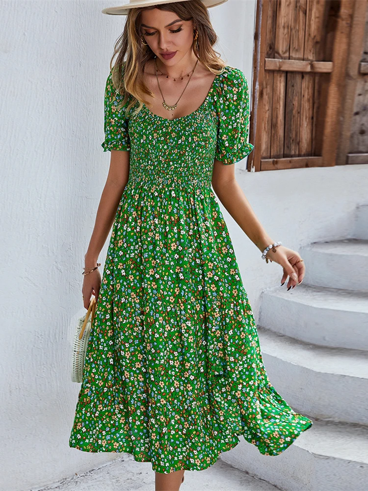 Damska seksowna Vintage kwiatowy Print Boho letnia sukienka damska dorywczo elastyczna artystyczna sukienka plażowa damska Sundress szata Vestidos