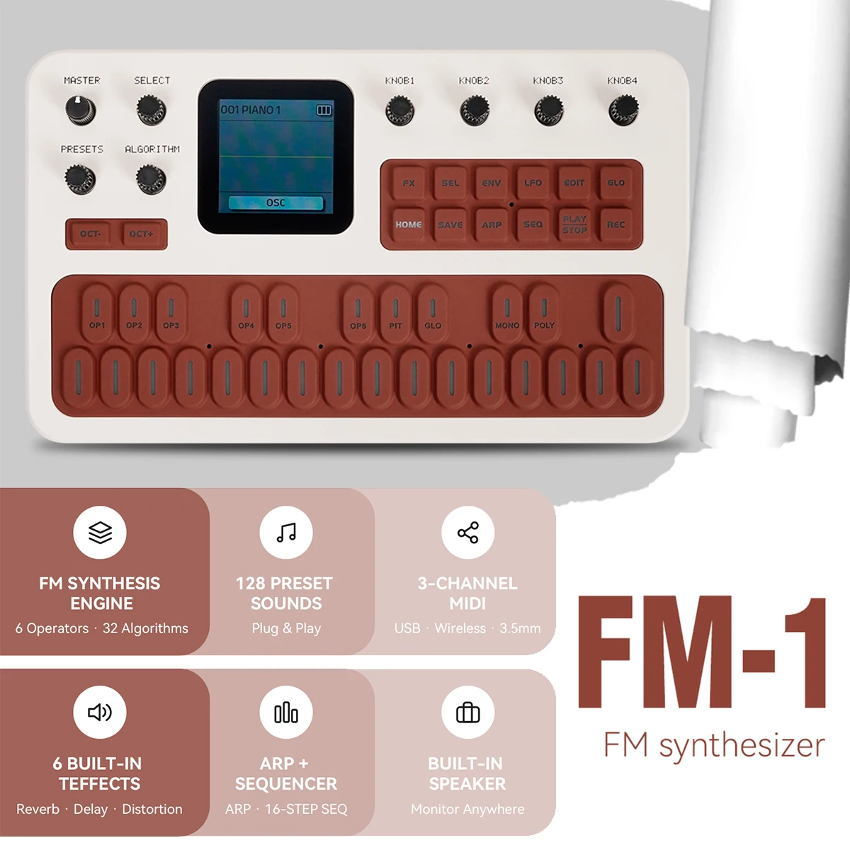 M-VAVE FM-1 (SK15) Brown Portable FM Synth – 6-Operator Engine, 128 Sounds, Arpeggiator, Sequencer, Effects, USB/Bluetooth MIDI