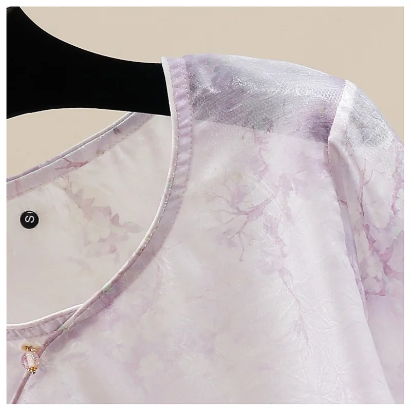 قميص برقبة دائرية مطرز على الطراز الوطني الصيني الجديد للنساء، قميص صيفي جديد بإبزيم عتيق من قماش الجاكار المحسن للسيدات