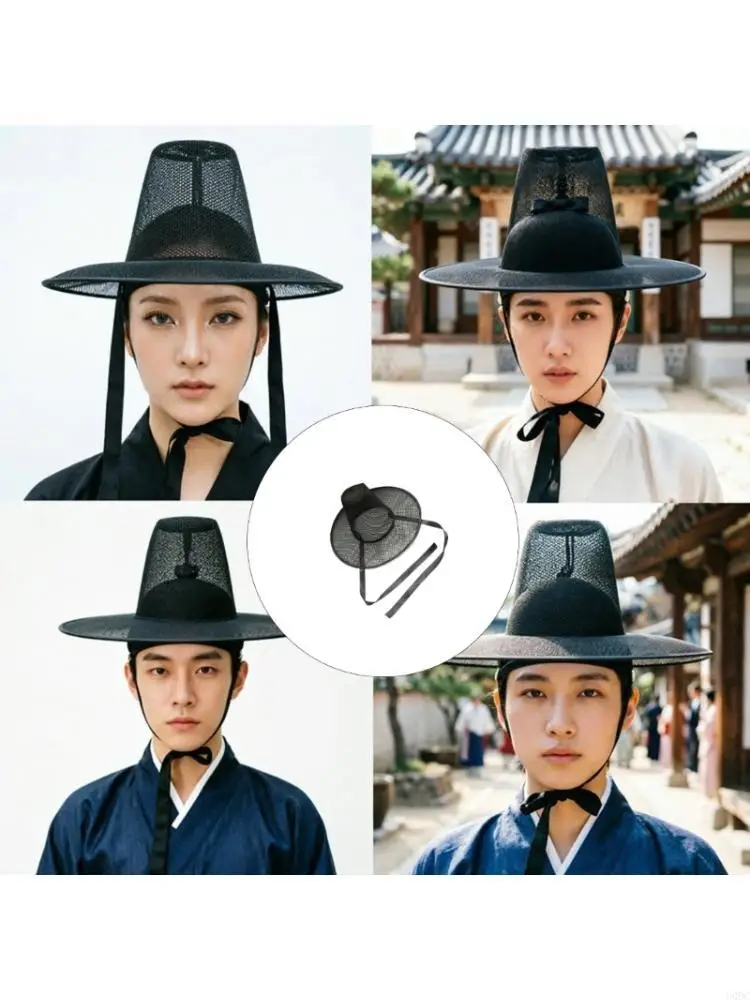 Stage Show Costume Hat for Men, Traditional Mesh Gauze Hat with Round Shaped Top, and Tie Straps Y166