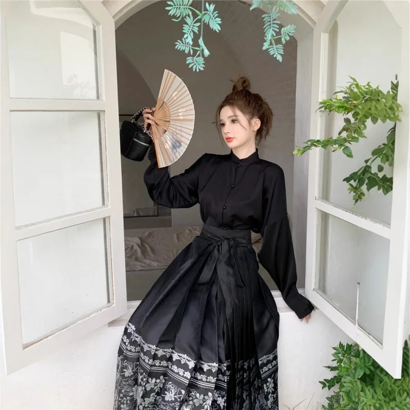 New Chinese Style National Style Suit Autumn Wear plus Size Women's Clothing FatmmBlack Top Horse-Face Skirt Skirt Two-Piece Set