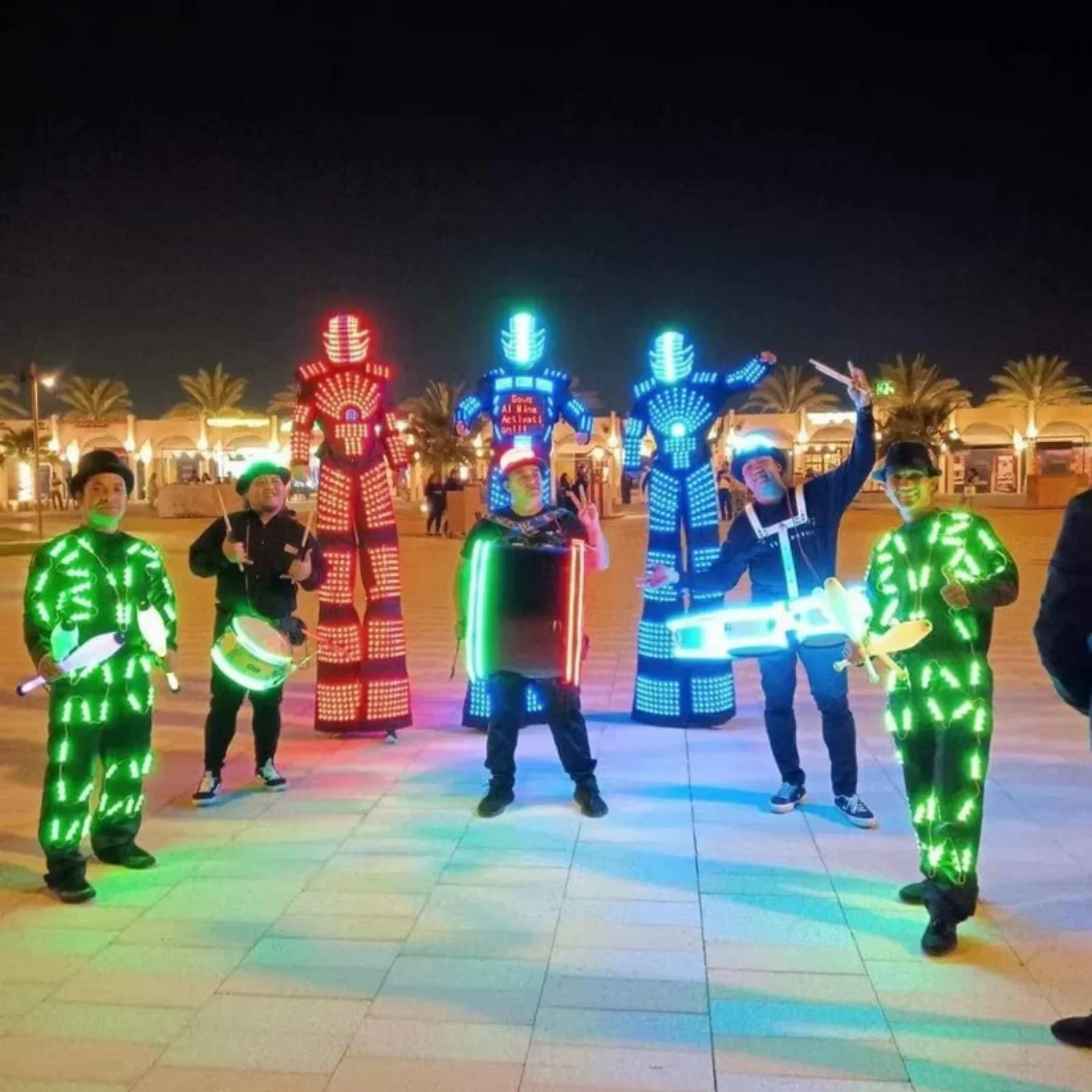 

Led Robot Costume Stilts Walker Performer Rave Party Halloween Costume Adult, Light Up DJ Nightclub Cosplay Helmet Mask Outfit