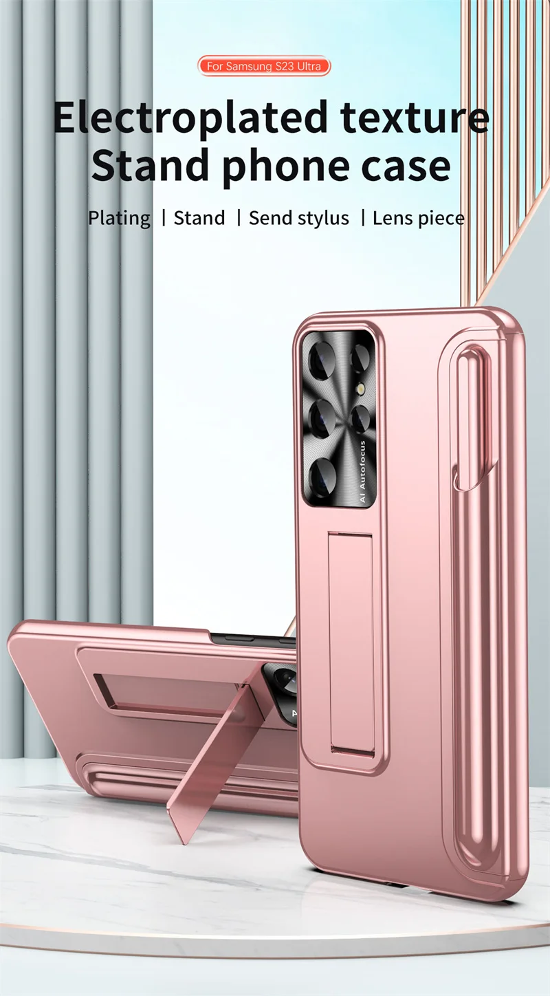 

Electroplated Texture Phone Case For Samsung S22 23 Plus Ultra With built-in Pen Slot Holder Wireless Charging Phone Cover