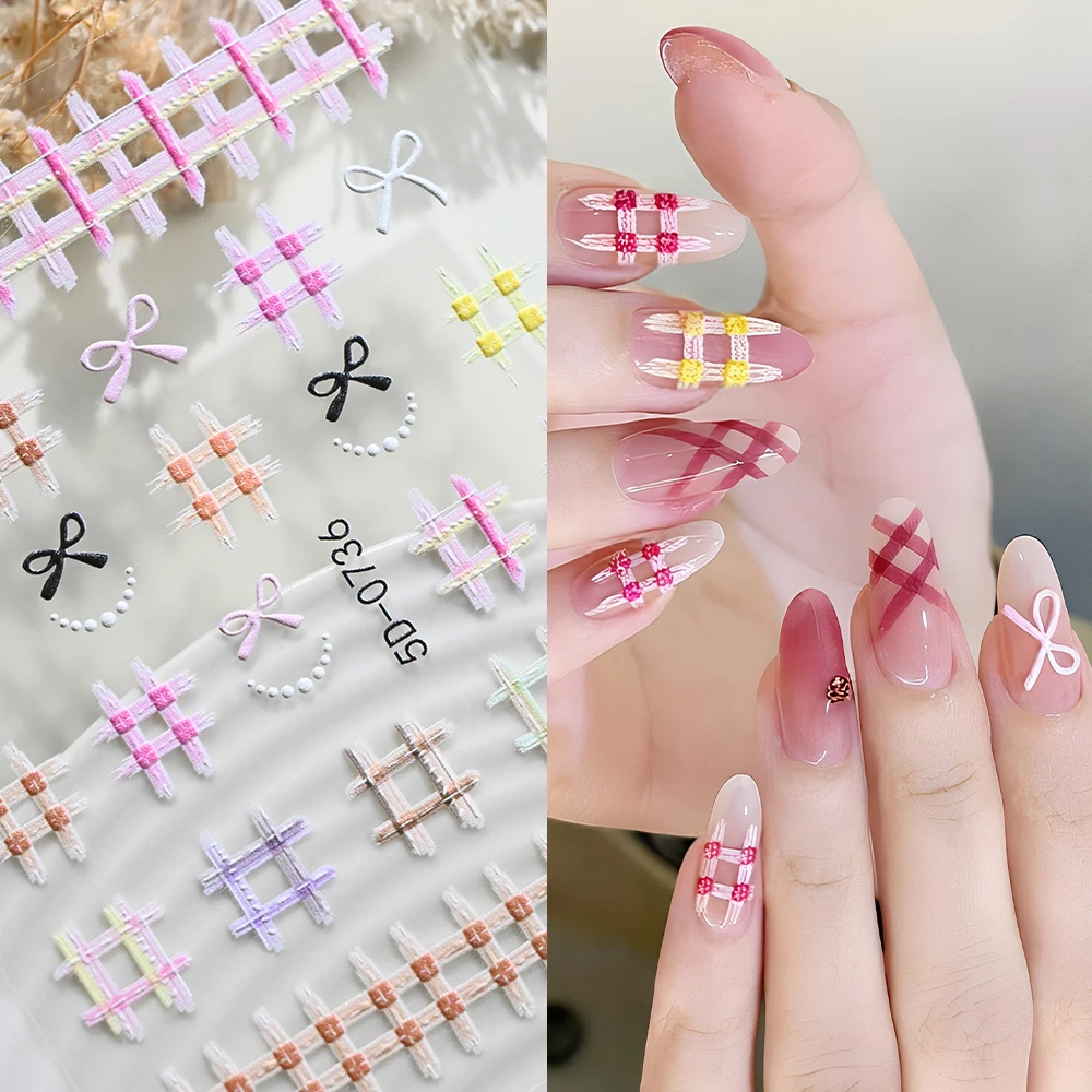 1Pc 5D Embossed Pastel Plaid Bow Nail Stickers Colorful Sqaure Checkered Adhesive Nails Decal French Pearl Chain Manicure Decor