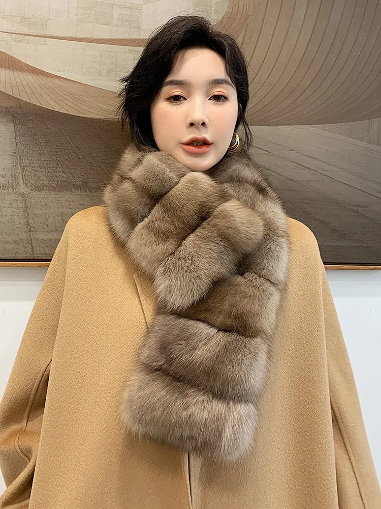 2022 women winter super luxury outfit decorate real sable fur long scarf genuine chinchilla fur scarf mufflers shawl ring