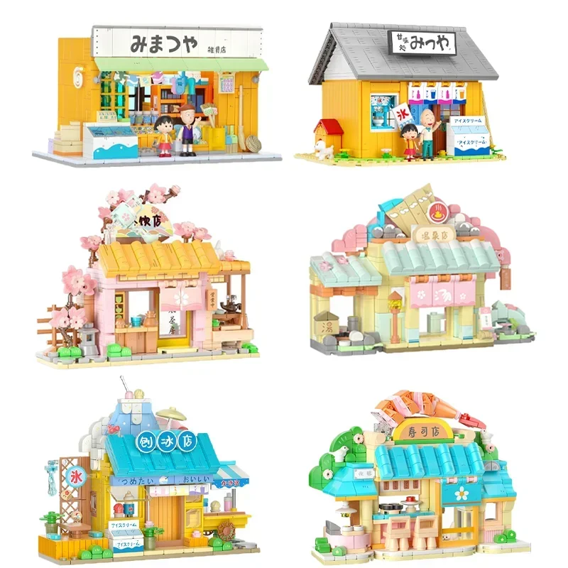 Chibi Maruko Chan Anime Building Blocks Assembled House Toy Restaurant Sushi Bar Model Decoration For Children Toy Birthday Gift