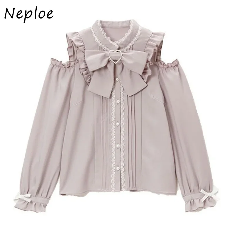 Neploe O Neck Lace Patchwork Bowknot Off-shoulder Shirts Vintage Blusas Mujer De Moda 2024 Long Sleeve Single-breasted Blouses