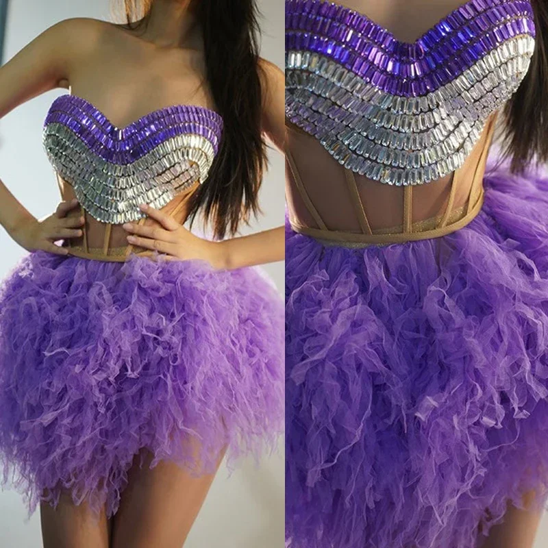 Вечерний наряд с фиолетовыми бриллиантами, костюмы Drag Queen, верхняя юбка со стразами, женская вечерние джазовые костюмы, праздничная одежда для сценического шоу
