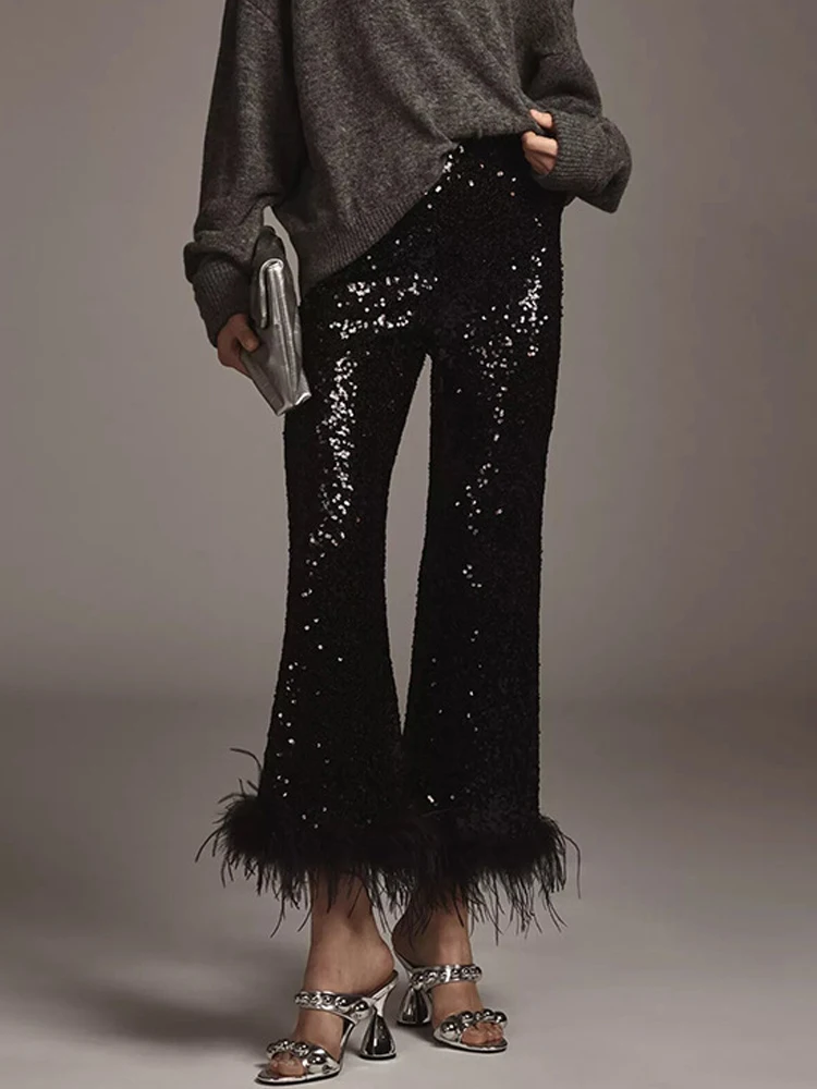 

Сексуальные блестящие брюки-клеш с пайетками, мода Весна 2026, однотонные брюки с высокой талией для вечеринок, элегантные летние длинные брюки с перьями